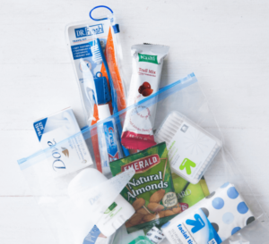Travel size hygiene products in plastic bag